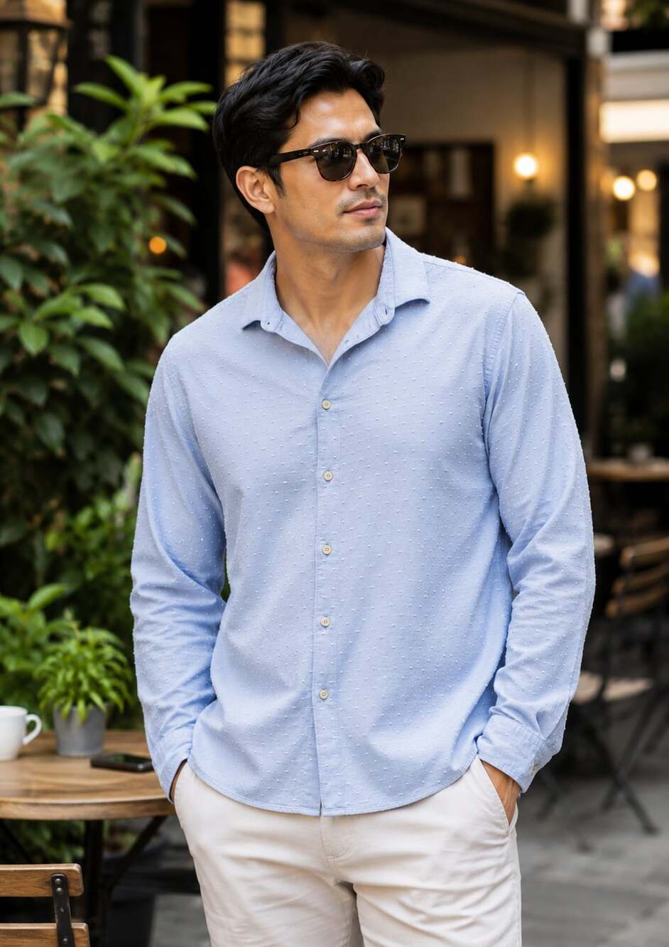Original Penguin Men's Light Blue Dotted Long Sleeve Button-Up Shirt - Picture 2 of 4